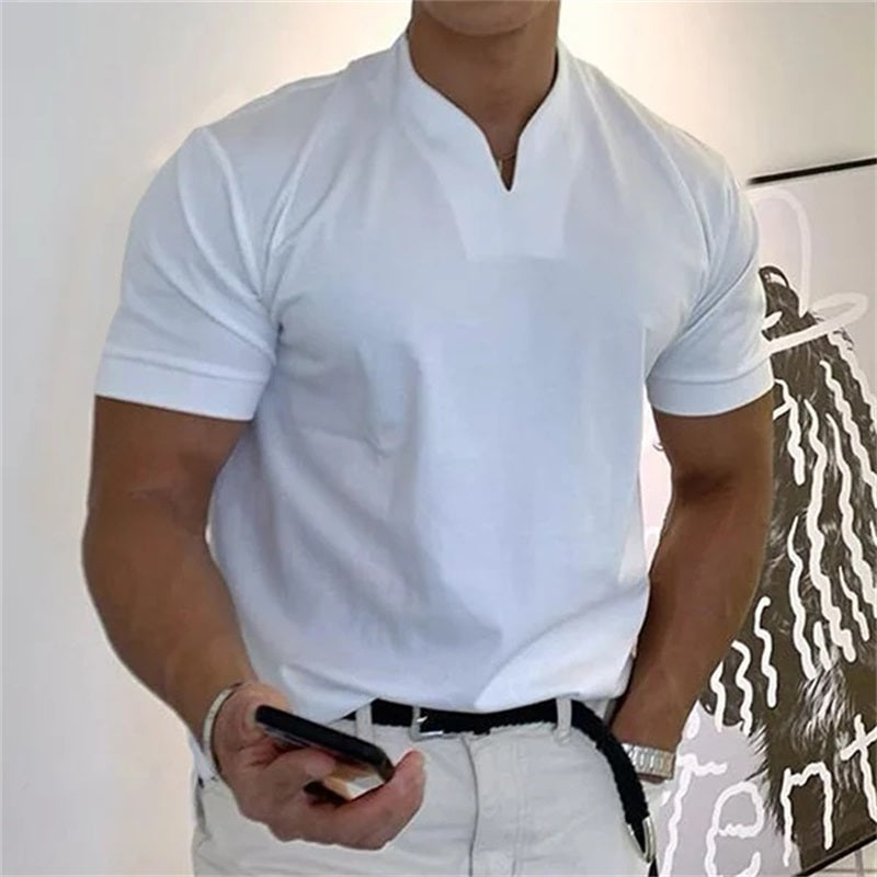 ¡50 % DE DESCUENTO AHORA! | Camiseta de hombre de manga corta con cuello en V, estilo business, confeccionada en una mezcla de algodón transpirable, corte clásico