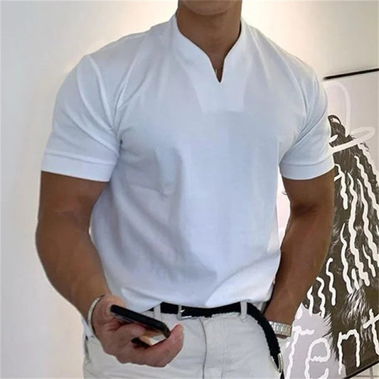 ¡50 % DE DESCUENTO AHORA! | Camiseta de hombre de manga corta con cuello en V, estilo business, confeccionada en una mezcla de algodón transpirable, corte clásico