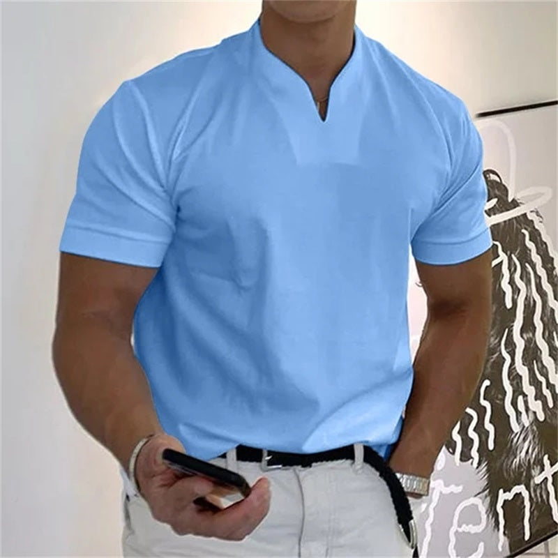 ¡50 % DE DESCUENTO AHORA! | Camiseta de hombre de manga corta con cuello en V, estilo business, confeccionada en una mezcla de algodón transpirable, corte clásico