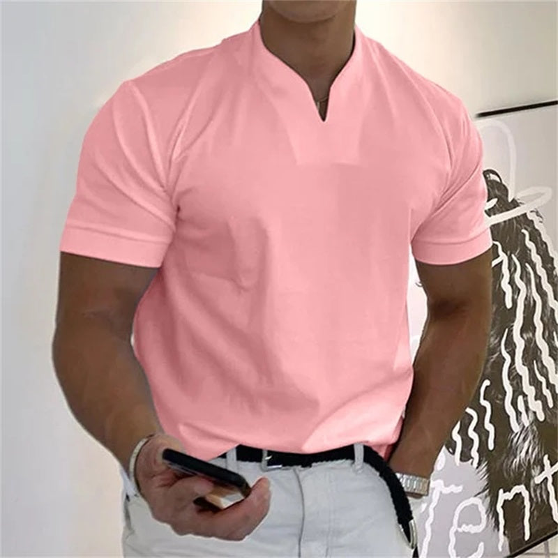 ¡50 % DE DESCUENTO AHORA! | Camiseta de hombre de manga corta con cuello en V, estilo business, confeccionada en una mezcla de algodón transpirable, corte clásico
