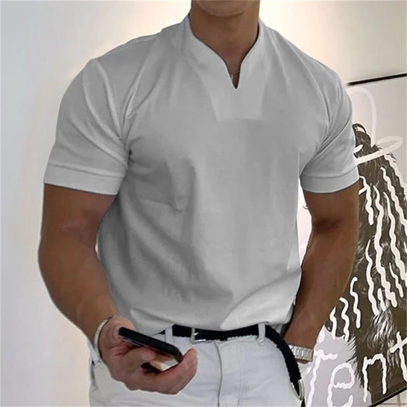 ¡50 % DE DESCUENTO AHORA! | Camiseta de hombre de manga corta con cuello en V, estilo business, confeccionada en una mezcla de algodón transpirable, corte clásico