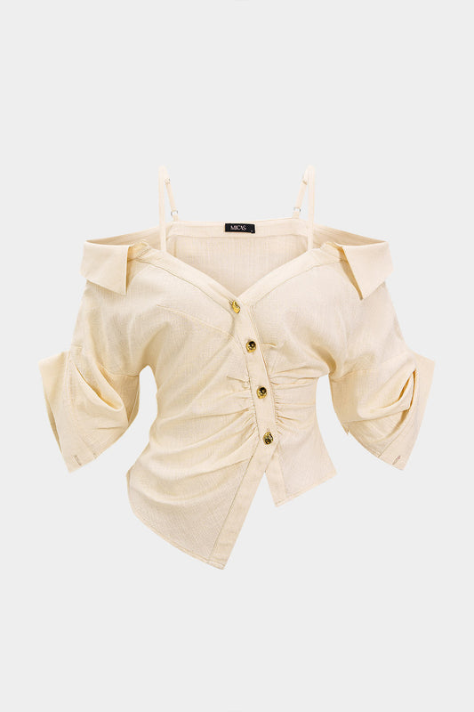 Yasmin | Camisa de manga corta asimétrica con fruncidos y botones metalizados de lino