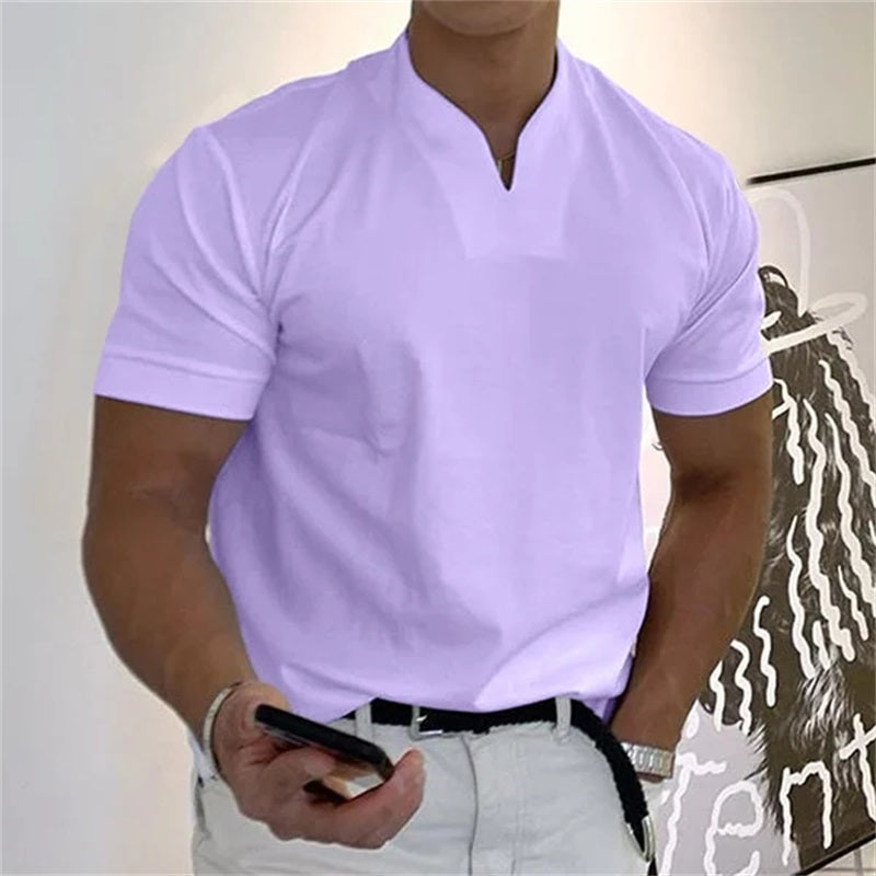 ¡50 % DE DESCUENTO AHORA! | Camiseta de hombre de manga corta con cuello en V, estilo business, confeccionada en una mezcla de algodón transpirable, corte clásico